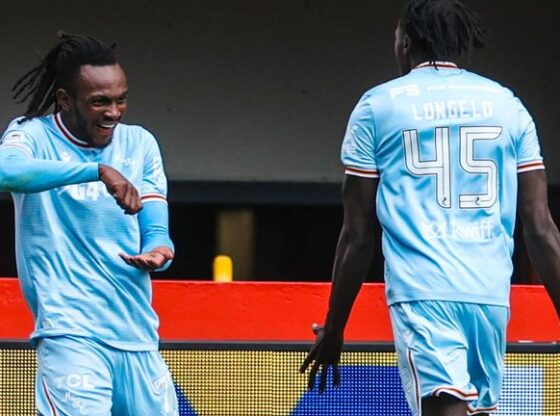 ABERDEEEN, SCOTLAND - SEPTEMBER 20: Motherwell's Regan Charles-Cook (L) celebrates with Emmanuel Longelo after scoring to make it 1-0 during a Premier Sports Cup Quarter-Final match between Aberdeen and Motherwell at Pittodrie Stadium , on September 20, 2025, in Aberdeen, Scotland. (Photo by Craig Foy / SNS Group)