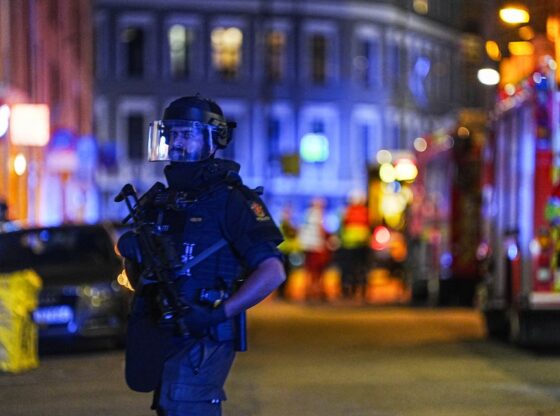 A police officer in tactical gear with a rifle and helmet with a clear visor stands on a street with blue and orange lights in the background.