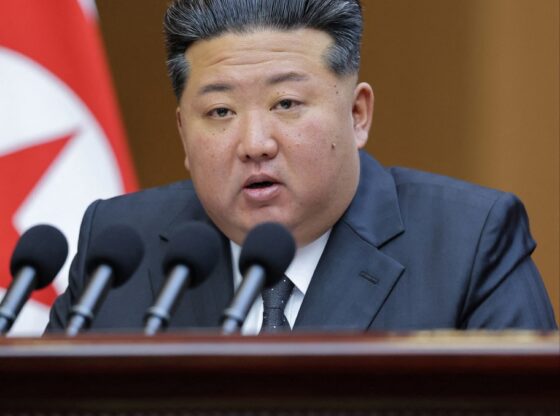 North Korean leader Kim Jong Un delivering a speech.