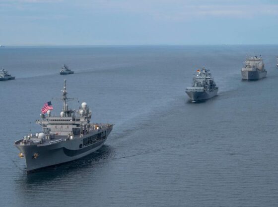 U.S. and NATO ships steam in formation through the Baltic Sea.