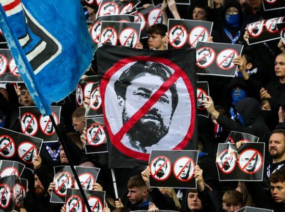 GLASGOW, SCOTLAND - SEPTEMBER 20: Rangers fans protest against head coach Russell Martin inside the stadium during Cup Quarter-Final