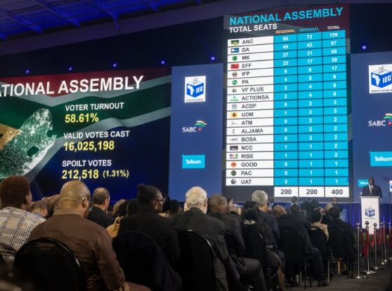 JOHANNESBURG, SOUTH AFRICA - JUNE 02: President of the ruling African National Congress (ANC) and South African President, Cyril Ramaphosa speaks to the audience during the official election results announcement ceremony at the IEC National Results Center on June 02, 2024 in Johannesburg, South Africa. South Africa's national and provincial elections were held on Wednesday to elect a new National Assembly and provincial legislature in each of the nine provinces. The ruling African National Congress (ANC) party will need to form a governing coalition, after failing to win a majority of votes for the first time in 30 years. (Photo by Chris McGrath/Getty Images)