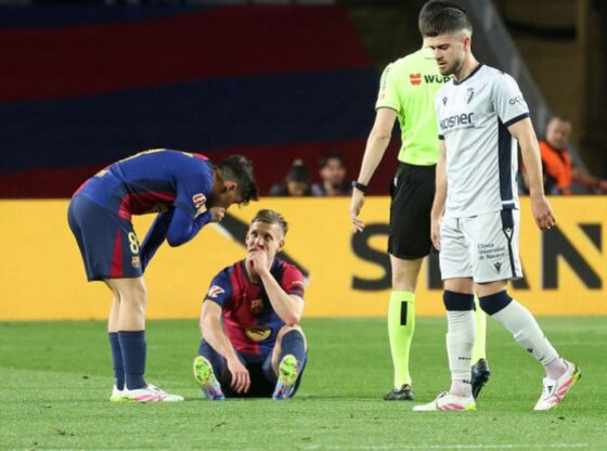 Dani Olmo is injured during the match between FC Barcelona and Club Atletico Osasuna in Barcelona, Spain, on March 27, 2025, corresponding to week 27 of LaLiga EA Sports, played at the Lluis Companys Stadium. (Photo by Joan Valls/Urbanandsport/NurPhoto via Getty Images)