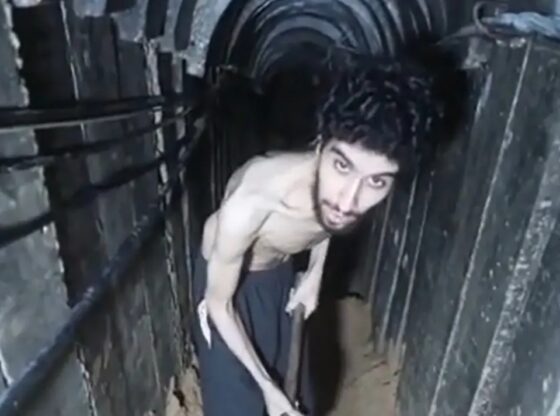 Evyatar David, an emaciated Israeli hostage, digging in a Gaza tunnel with a shovel.