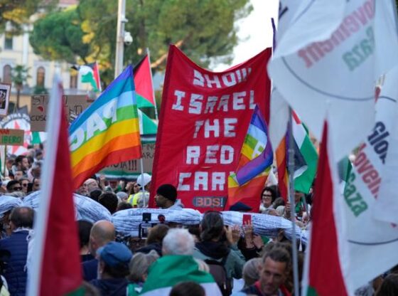 People protest against the participation of the Israeli national team in the 2026 Soccer World Cup qualification match against Italy, in Udine, Italy, October 14, 2025.