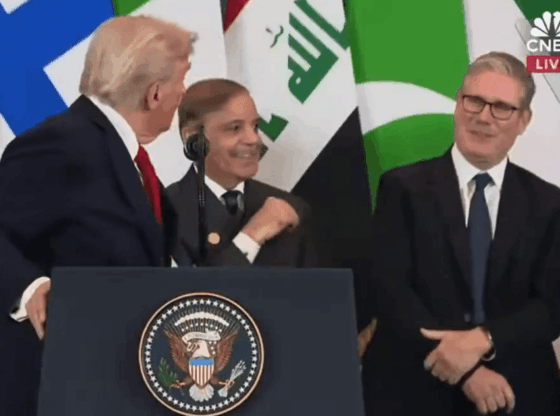 Donald Trump with Shehbaz Sharif and Keir Starmer, standing before flags of different nations.
