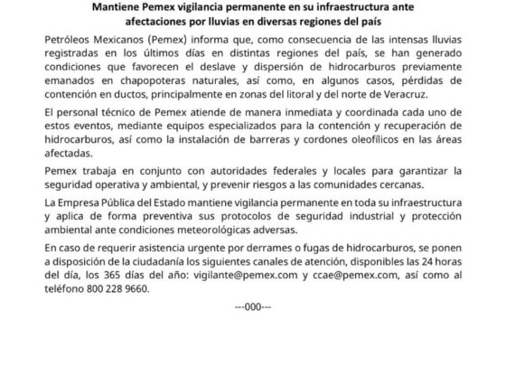 Through a statement, the company detailed that it works in coordination with federal and local authorities to guarantee operational and environmental safety. SPECIAL/Pemex