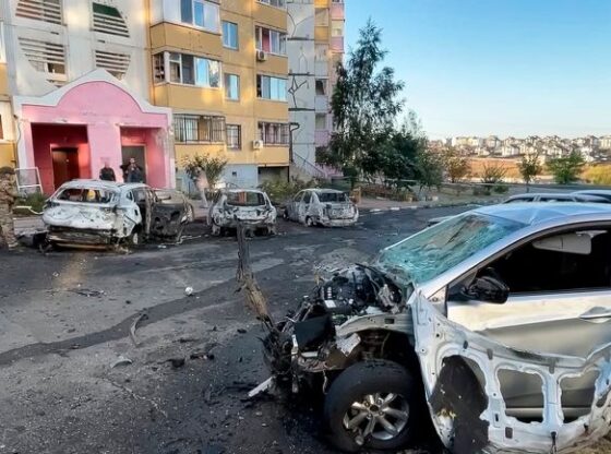 This photo released by Belgorod regional governor Vyacheslav Gladkov's Telegram channel on Monday, Sept. 16, 2024, shows burnt cars in the courtyard of an apartment building after a missile attack by the Armed Forces of Ukraine on the city of Belgorod, Russia. (Belgorod Region Governor Vyacheslav Gladkov Telegram channel via AP)