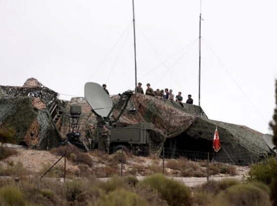 A command post, with large electronic warfare antennas, set up for Exercise Atlas-25
