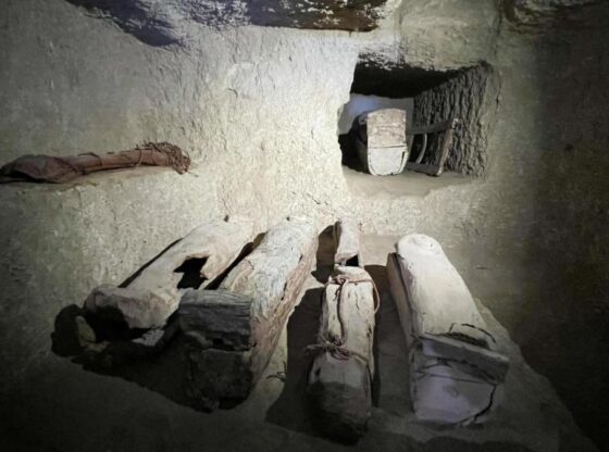 Wooden coffins inside the tomb of Djehuty Mes.