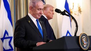 The US president, Trump, meets with Israeli prime minister, Netanyahu, in the White House in Washington.